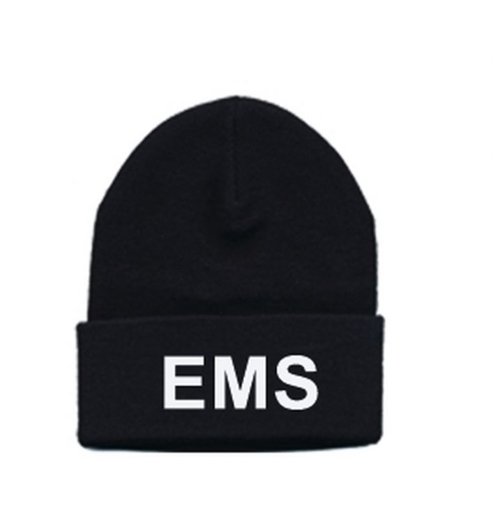 EMS KNIT HAT - WHITE "EMS" LETTERING ON BLACK KNIT HAT.